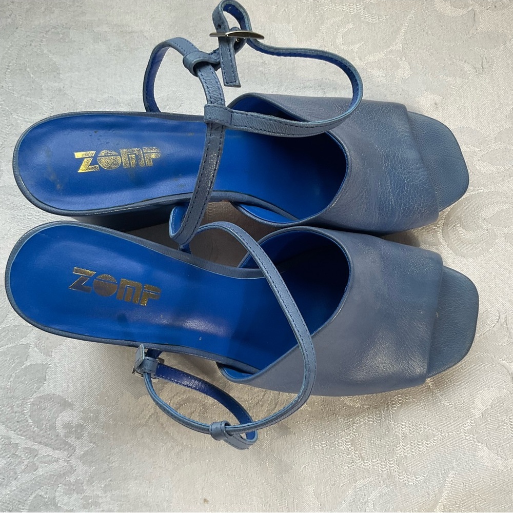 ZOMP Peep Toe Teal Blue Block Heel Shoes Size eu 37.5, leather sole,  3" heel - Picture 3 of 5